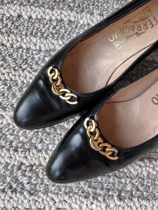 Salvatore Ferragamo Shoes - Salvatore Ferragamo Black Leather Flats with Gold Chain Accent